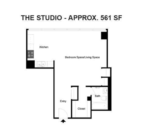Floor plan for studio, 1 bath, 561 sqft